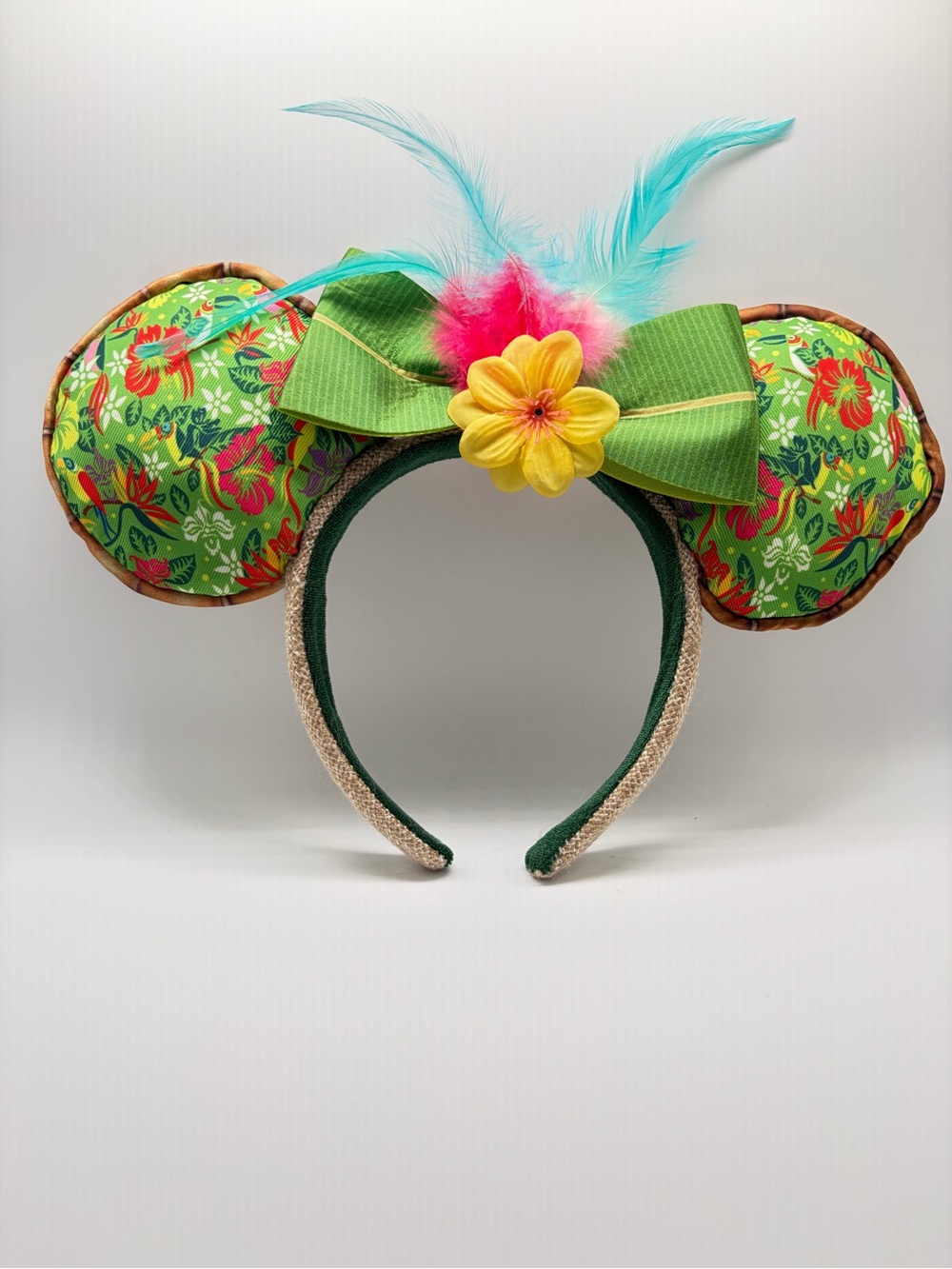 Tropical Polynesian Minnie Mouse Ear Headband with Feathers and Bow